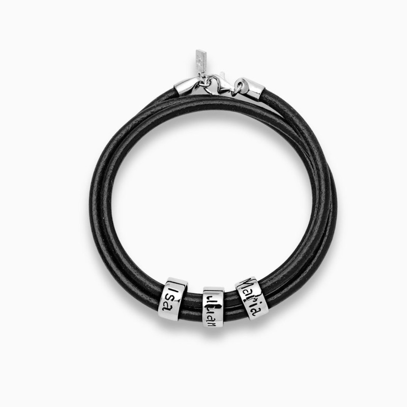 Pulsera de Cuero 3 vueltas con Arandelas grabadas Plata Hombre