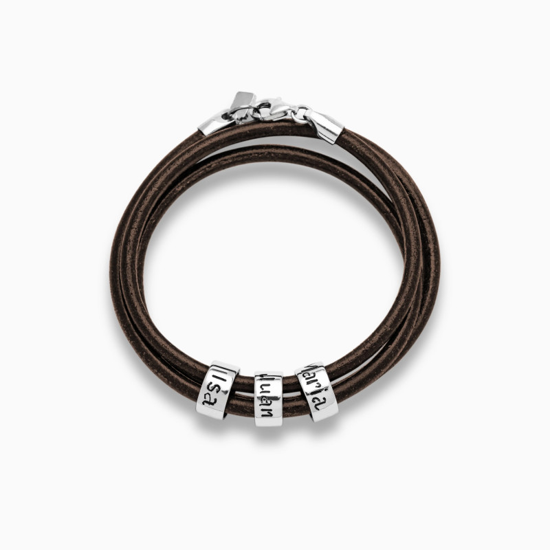 Pulsera de Cuero 3 vueltas con Arandelas grabadas Plata Hombre