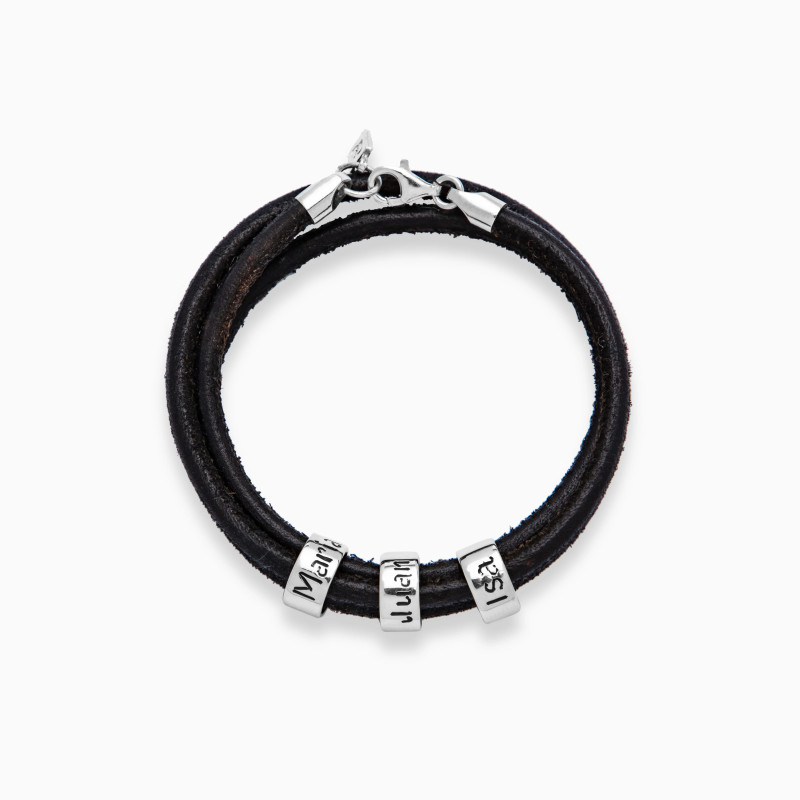 Pulsera de Cuero 3 vueltas con Arandelas grabadas Plata Hombre
