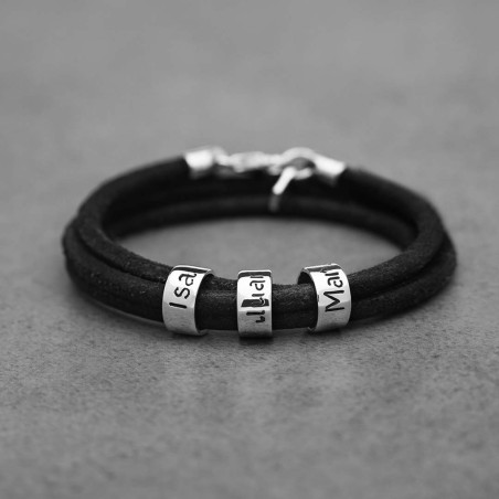 Pulsera de Cuero 3 vueltas con Arandelas grabadas Plata Hombre