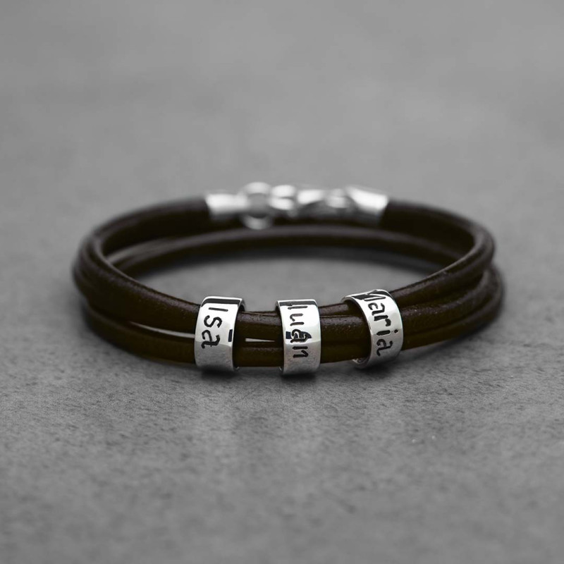 Pulsera de Cuero 3 vueltas con Arandelas grabadas Plata Hombre