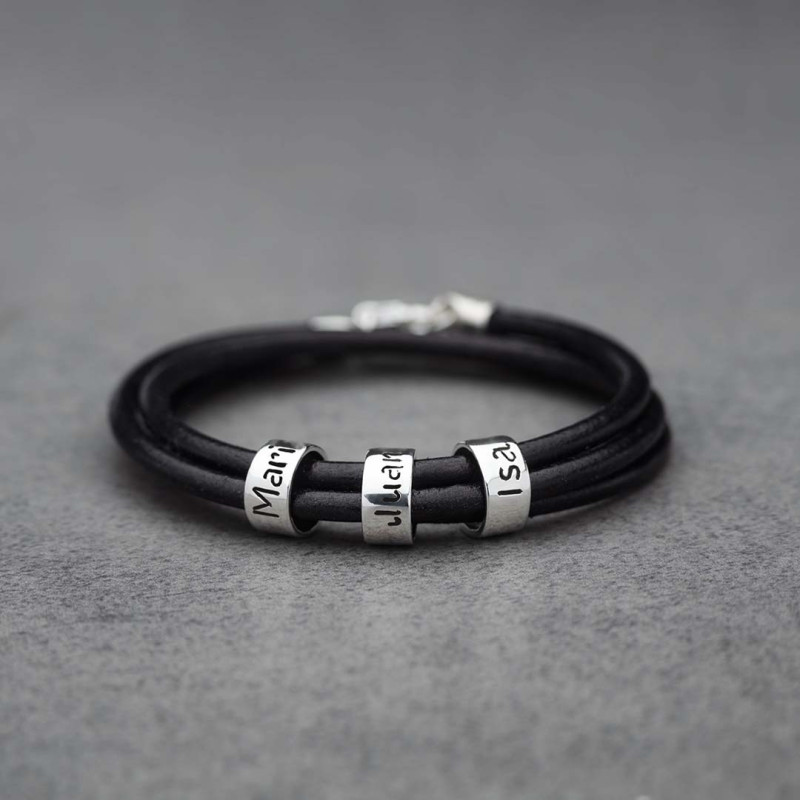 Pulsera de Cuero 3 vueltas con Arandelas grabadas Plata Hombre