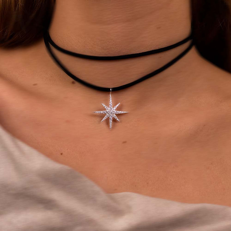 Collar Lazo Cordón con dije estrella con circones Plata