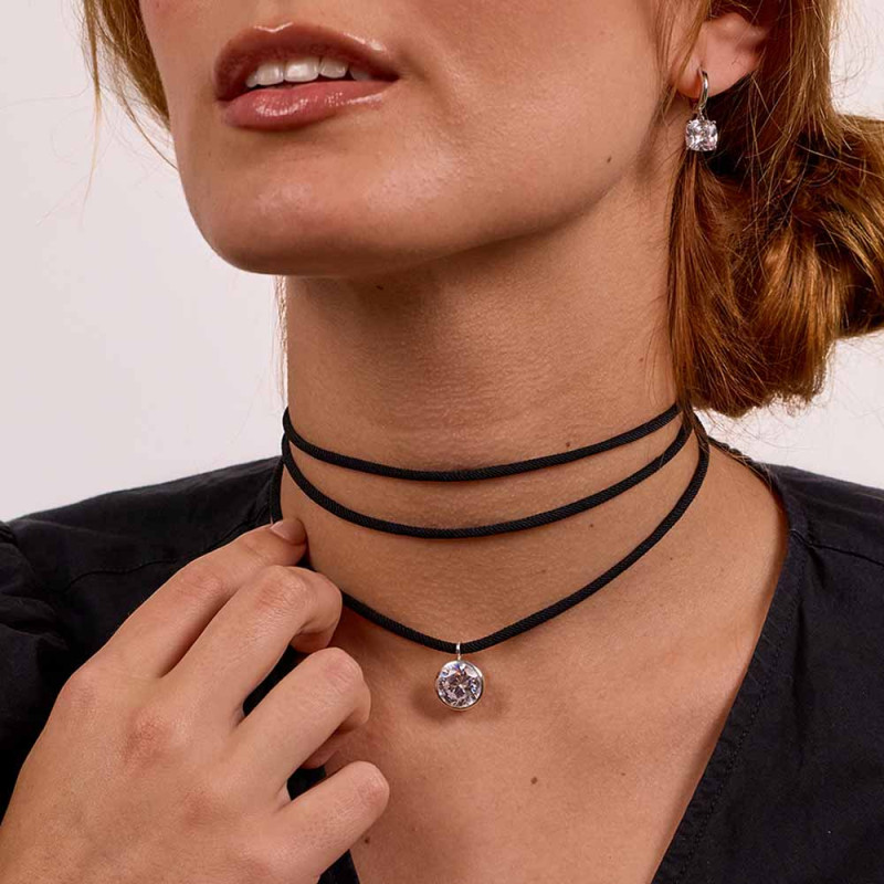 Collar Lazo Cordón con circón redondo Plata
