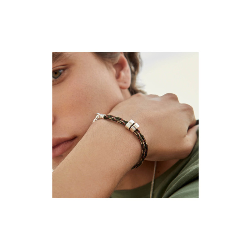 Pulsera ROPE con dos arandelas grabadas Plata Hombre