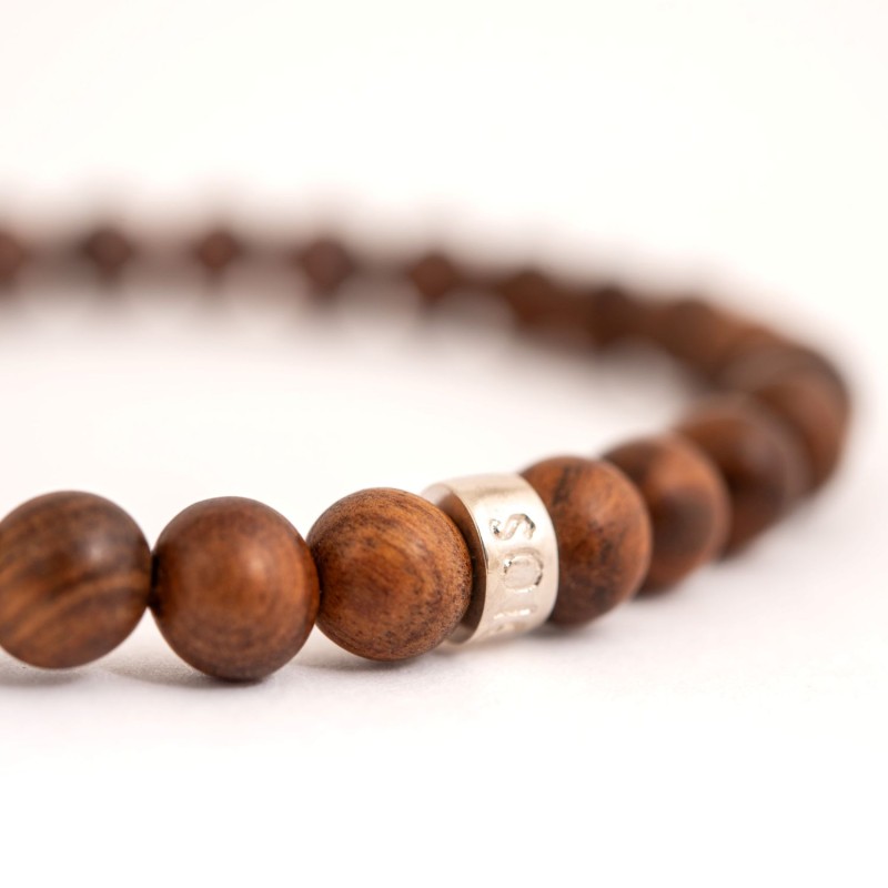 Pulsera de hombre bolas de madera y arandela en Plata 925