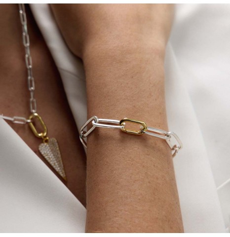 Pulsera de eslabones de Plata 925 y mosqueton en Plata Dorada. Combinacion Plata y dorado