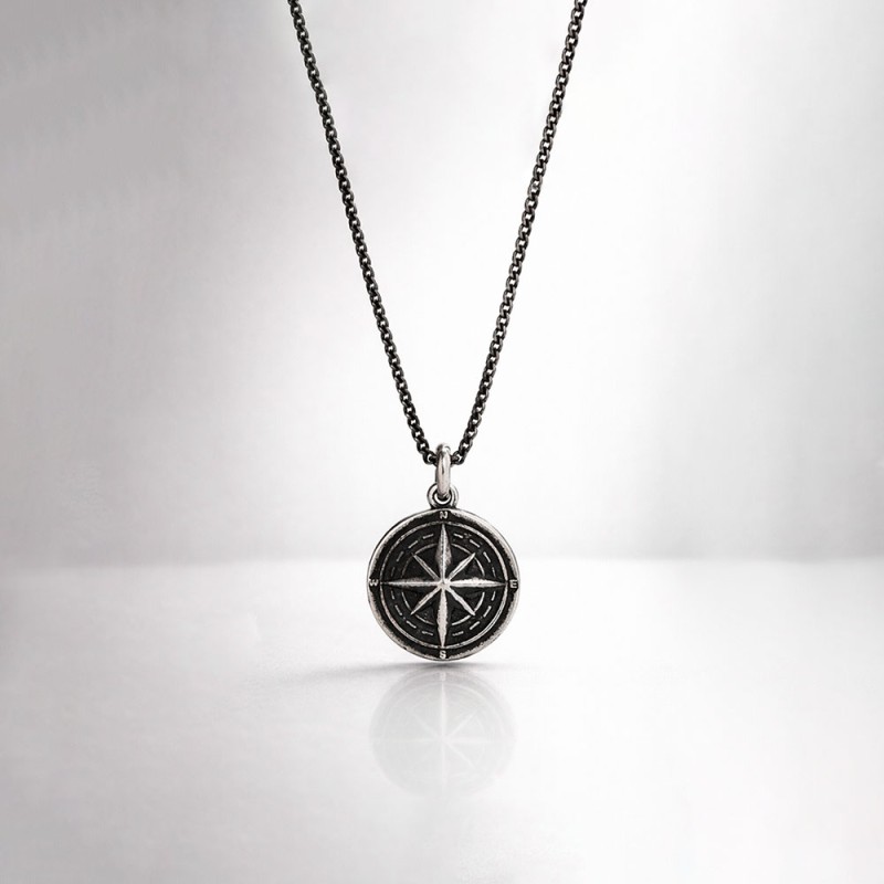 Collar Medalla Rosa de los Vientos Plata Hombre