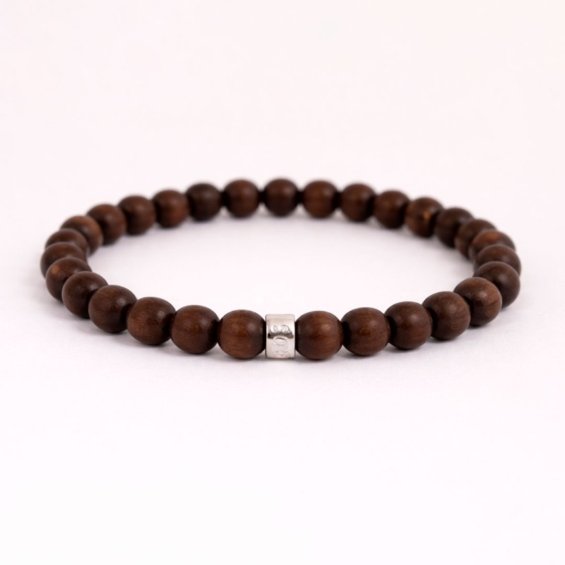 Pulsera de hombre bolas de madera y arandela en Plata 925