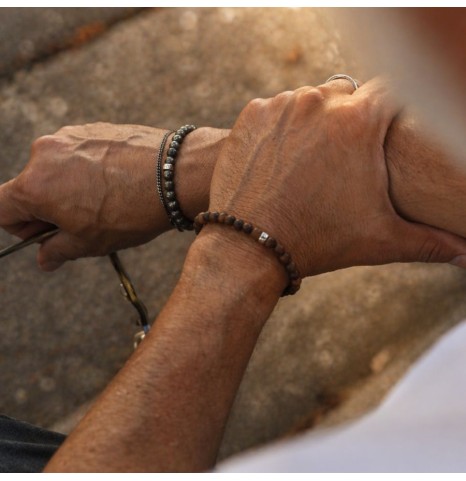 Pulsera de hombre bolas de madera y arandela en Plata 925