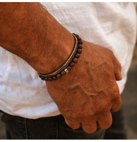 Pulsera de hombre bolas de madera y arandela en Plata 925