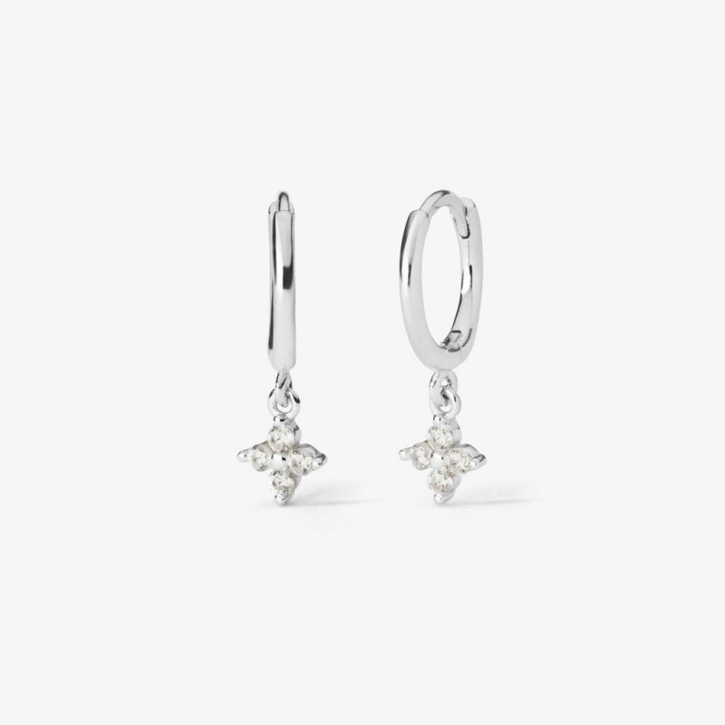 Pendientes de aro en Plata de Ley con circonitas en foma de flor