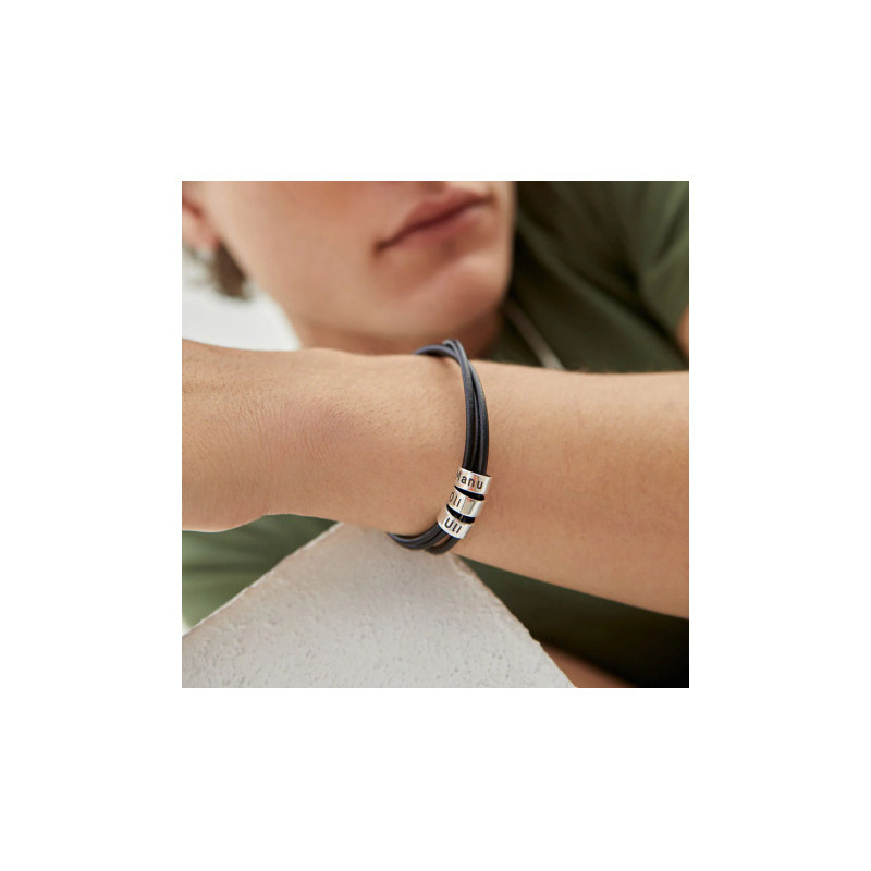 Pulsera de Cuero 3 vueltas con Arandelas grabadas Plata de ley Hombre