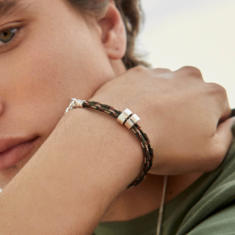 Pulsera ROPE con dos arandelas grabadas Plata de ley Hombre