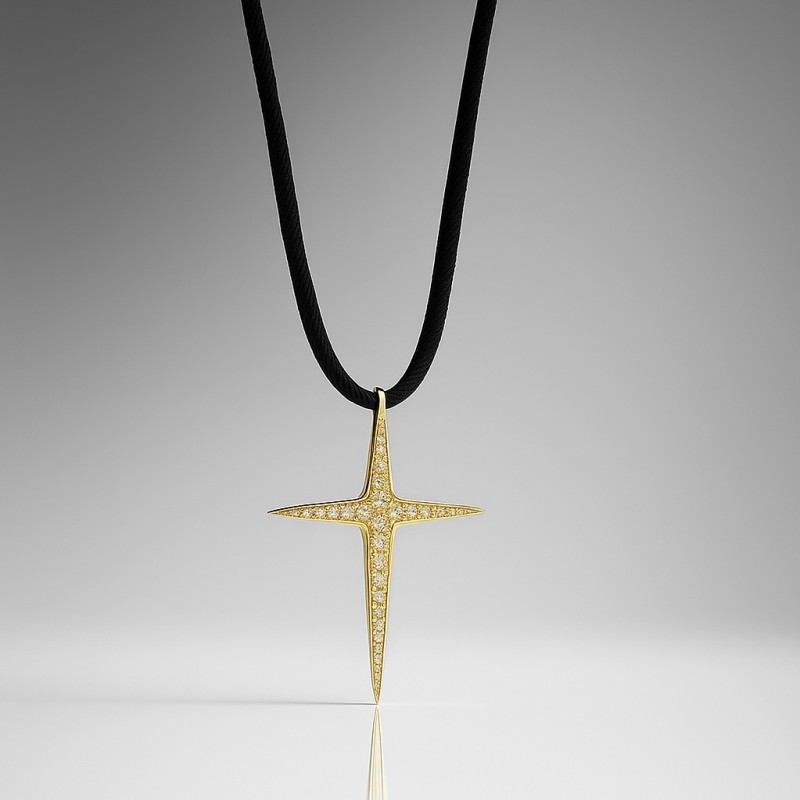 Collar de cordón negro con dije de cruz pavé de diseño moderno de De Dios Joyas España