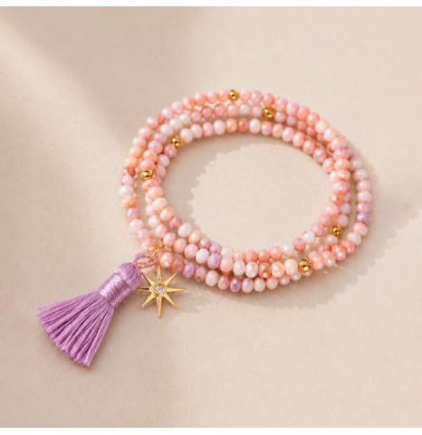 Pulsera triple vuelta de cristales rosa y malva con borla y charm de estrella