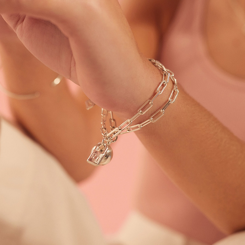 Pulsera Doble con Candado y Bola Plata de ley